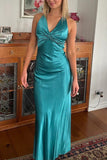 Halter V-Neck Pleated Satin Sleeveless Green Long Prom Dress PSK638-Pgmdress