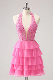 Hot Pink A Line Strapless Tiered Corset Cute Homecoming Dress PD551-Pgmdress