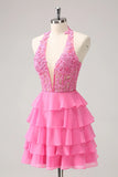 Hot Pink A Line Strapless Tiered Corset Cute Homecoming Dress PD551-Pgmdress