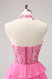 Hot Pink A Line Strapless Tiered Corset Cute Homecoming Dress PD551-Pgmdress