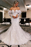 Ivory Floral Trumpet Wedding Dress with Detachable Sleeves WD723-Pgmdress