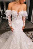 Ivory Floral Trumpet Wedding Dress with Detachable Sleeves WD723-Pgmdress