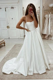 Ivory Spaghetti Straps Simple Wedding Dress With Sweep Train WD762