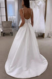 Ivory Satin Spaghetti Straps Simple Wedding Dress With Sweep Train-Pgmdress