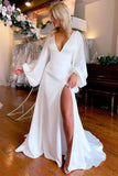 Ivory V-Neck Long Sleeve Wedding Dresses Simple Wedding Dresses WD721-Pgmdress