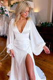 Ivory V-Neck Long Sleeve Wedding Dresses Simple Wedding Dresses WD721-Pgmdress