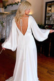 Ivory V-Neck Long Sleeve Wedding Dresses Simple Wedding Dresses WD721-Pgmdress