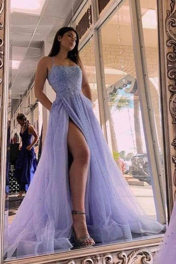 Blue Tulle Beaded Long Senior Prom Dress, A-Line Strapless Evening Party Dress US 2 / Blue
