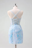 Light Blue Sequined Embroidery Tight Corset Homecoming Dress PD562