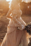 Light Brown Long Sleeve Boho Wedding Dress Rustic Wedding Dress WD741-Pgmdress