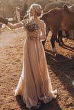 Light Brown Long Sleeve Boho Wedding Dress Rustic Wedding Dress WD741-Pgmdress