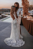 Long Sleeve V-neck Lace Appliques Boho Wedding Dress WD749