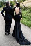 Mermaid Floral Black Wedding Dress Long Sleeve Wedding Gown WD742-Pgmdress