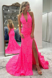 Mermaid Halter Corset Slit Pink Prom Dress with Lace Appliques PSK692-Pgmdress