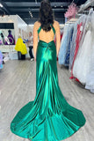 Mermaid Halter Dark Green Satin Long Prom Dress with Beads PSK601-Pgmdress