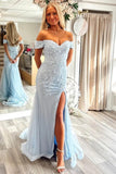 Mermaid Off Shoulder Appliques Sweetheart Blue Prom Dress PSK664