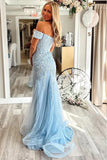 Mermaid Off Shoulder Appliques Sweetheart Blue Prom Dress PSK664-Pgmdress