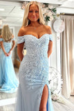 Mermaid Off Shoulder Appliques Sweetheart Blue Prom Dress PSK664-Pgmdress