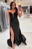 Mermaid One Shoulder Black Long Satin Prom Dress With Split PSK676-Pgmdress