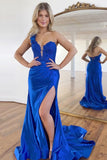 Mermaid One Shoulder Black Long Satin Prom Dress With Split PSK676-Pgmdress