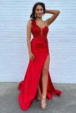 Mermaid One Shoulder Black Long Satin Prom Dress With Split PSK676-Pgmdress