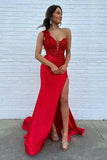 Mermaid One Shoulder Black Long Satin Prom Dress With Split PSK676-Pgmdress