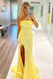 Mermaid Ruffles Strapless Yellow Long Prom Dress with Slit PSK704-Pgmdress