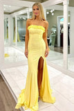 Mermaid Ruffles Strapless Yellow Long Prom Dress with Slit PSK704-Pgmdress