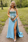 Mermaid Spaghetti Straps Corset Blue Long Prom Dress With Slit PSK657-Pgmdress