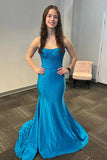 Mermaid Strapless Corset Beaded Satin Blue Long Prom Dress PSK629-Pgmdress