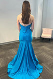 Mermaid Strapless Corset Beaded Satin Blue Long Prom Dress PSK629-Pgmdress