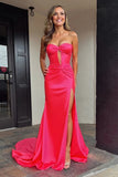 Mermaid Strapless Ruched Fuchsia Long Prom Dress with Slit PSK662