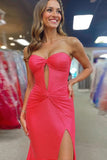 Mermaid Strapless Ruched Fuchsia Long Prom Dress with Slit PSK662-Pgmdress