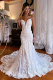 Mermaid Straps Chapel Train Boho Wedding Dress With Appliques WD767-Pgmdress