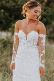 Robe de mariée sirène à manches longues en tulle avec appliques et décolleté en cœur WD726