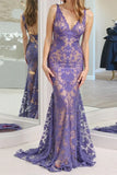 Mermaid V-Neck Backless Purple Prom Dress with Lace PSK678-Pgmdress