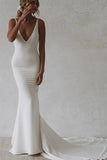 Mermaid V-Neck Elastic White Satin Long Wedding Dress WD769-Pgmdress