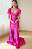 Mermaid V-Neck Short Sleeves Hot Pink Long Prom Dress PSK631