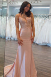 Mermaid V-neck Light Pink Satin Appliques Long Prom Dress PSK685-Pgmdress