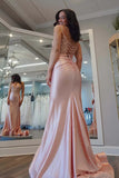 Mermaid V-neck Light Pink Satin Appliques Long Prom Dress PSK685-Pgmdress