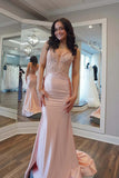 Mermaid V-neck Light Pink Satin Appliques Long Prom Dress PSK685