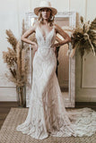 Mermaid V Neck Lace Bohemian Long Wedding Dress Bridal Gown WD761-Pgmdress