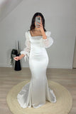 Mermaid White Square Neck Long Sleeves Wedding Dress WD755-Pgmdress