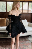 Off-Shoulder Long Sleeve Black Homecoming Dress With Beading PD530-Pgmdress