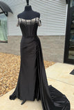 Off-Shoulder Mermaid Black Long Prom Dress With Beading PSK611