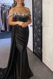 Off-Shoulder Mermaid Black Long Prom Dress With Beading PSK611-Pgmdress