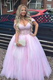 Off Shoulder Appliques Tulle Plus Size Pink Long Prom Dress PSK700-Pgmdress