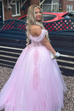 Off Shoulder Appliques Tulle Plus Size Pink Long Prom Dress PSK700-Pgmdress