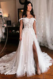 Off Shoulder Elegant Wedding Dress Boho Wedding Dress With Slit  WD735-Pgmdress