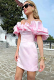 Off Shoulder Sleeveless Satin Mini Homecoming Dress With Ruffles PD540-Pgmdress